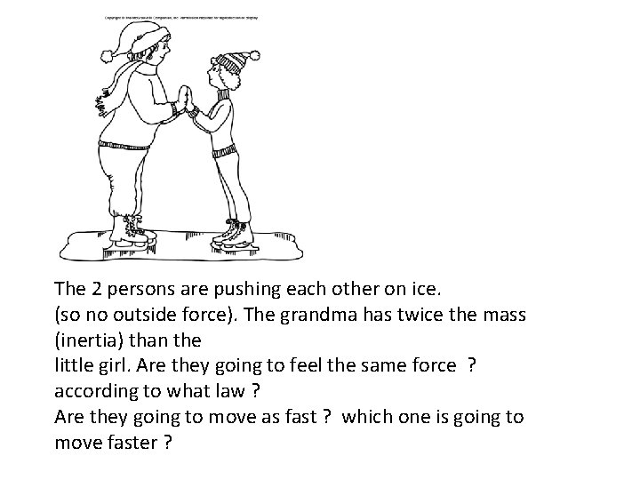 The 2 persons are pushing each other on ice. (so no outside force). The