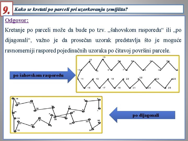 9. Kako se kretati po parceli pri uzorkovanju zemljišta? Odgovor: Kretanje po parceli može