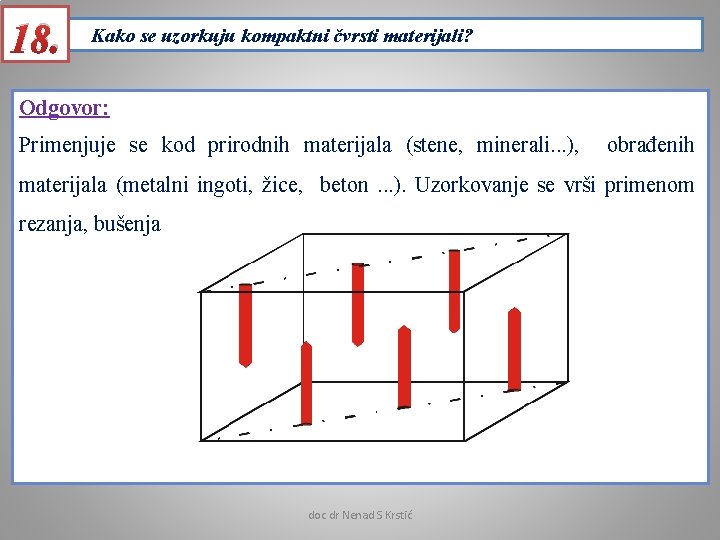 18. Kako se uzorkuju kompaktni čvrsti materijali? Odgovor: Primenjuje se kod prirodnih materijala (stene,