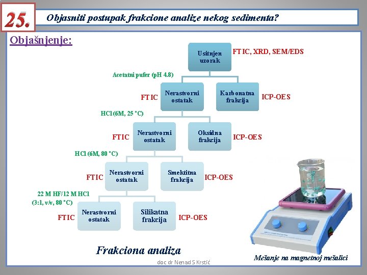 25. Objasniti postupak frakcione analize nekog sedimenta? Objašnjenje: Usitnjen uzorak FTIC, XRD, SEM/EDS Acetatni