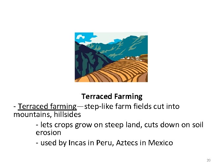 Terraced Farming - Terraced farming—step-like farm fields cut into mountains, hillsides - lets crops