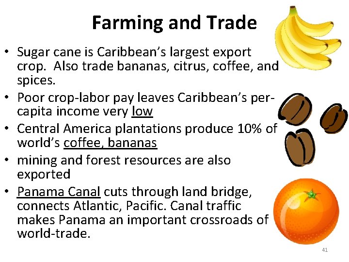 Farming and Trade • Sugar cane is Caribbean’s largest export crop. Also trade bananas,