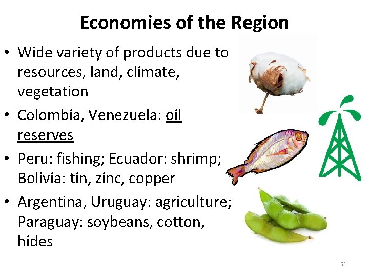 Economies of the Region • Wide variety of products due to resources, land, climate,