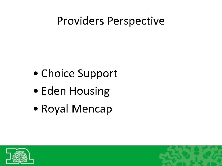 Providers Perspective • Choice Support • Eden Housing • Royal Mencap 