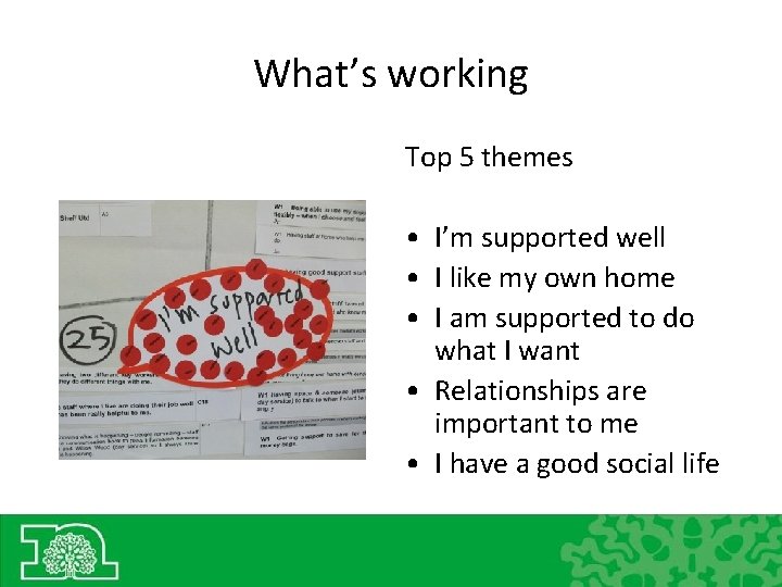 What’s working Top 5 themes • I’m supported well • I like my own