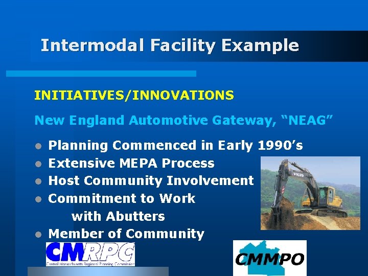 Intermodal Facility Example INITIATIVES/INNOVATIONS New England Automotive Gateway, “NEAG” l l l Planning Commenced