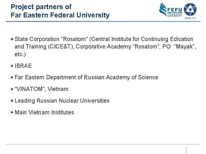 Project partners of Far Eastern Federal University State Corporation “Rosatom” (Central Institute for Continuing
