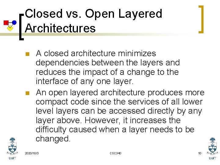 Closed vs. Open Layered Architectures n n A closed architecture minimizes dependencies between the