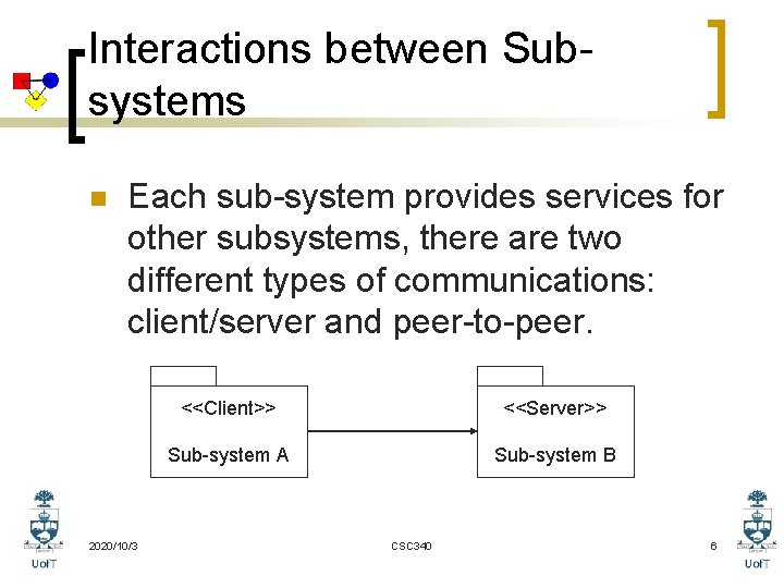 Interactions between Subsystems n Each sub-system provides services for other subsystems, there are two