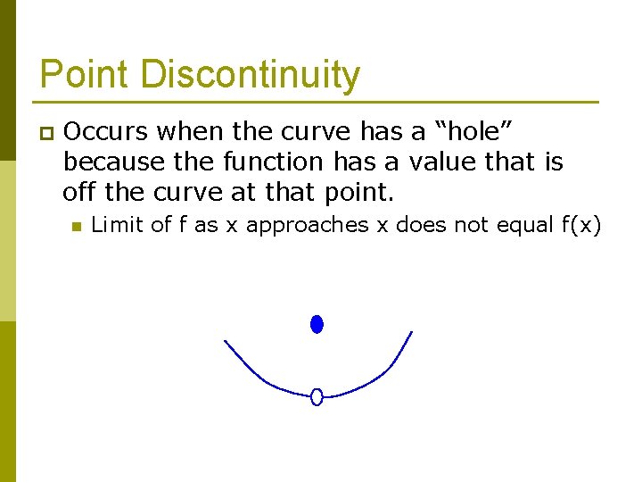 Point Discontinuity p Occurs when the curve has a “hole” because the function has