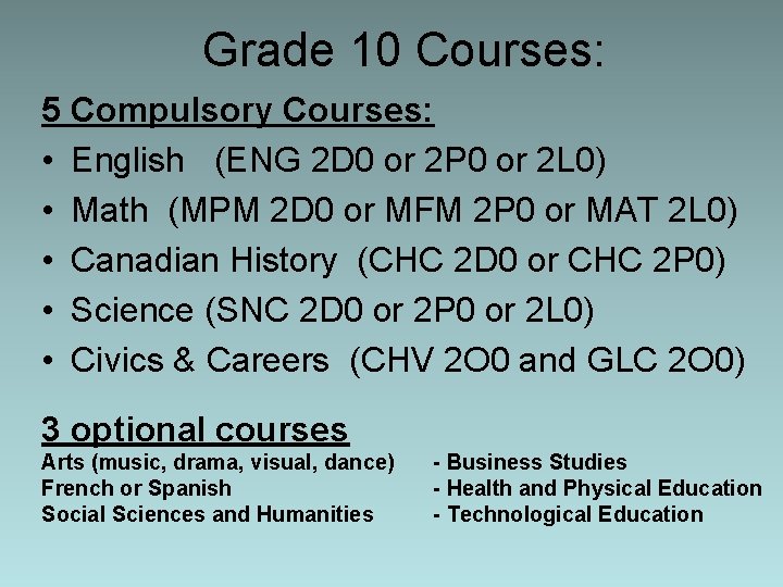 Grade 10 Courses: 5 Compulsory Courses: • English (ENG 2 D 0 or 2 Grade 10 Courses: 5 Compulsory Courses: • English (ENG 2 D 0 or 2