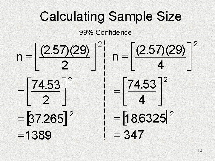 Calculating Sample Size 99% Confidence é ù ( 2. 57 )( 29 ) n=ê