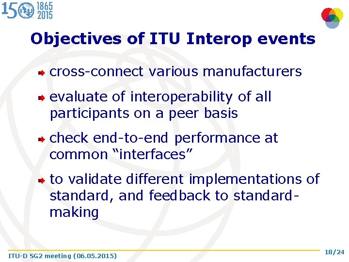 Objectives of ITU Interop events cross-connect various manufacturers evaluate of interoperability of all participants