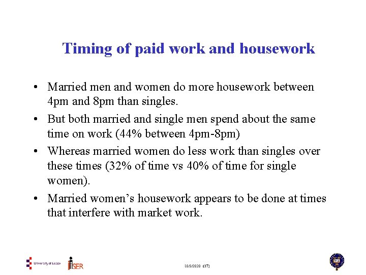 Timing of paid work and housework • Married men and women do more housework