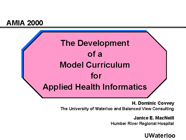 AMIA 2000 The Development of a Model Curriculum for Applied Health Informatics H. Dominic