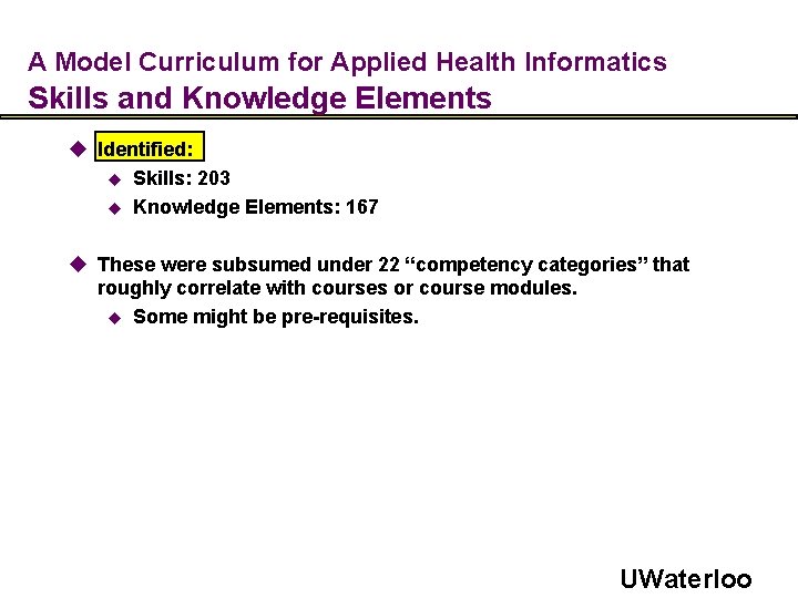 A Model Curriculum for Applied Health Informatics Skills and Knowledge Elements u Identified: u