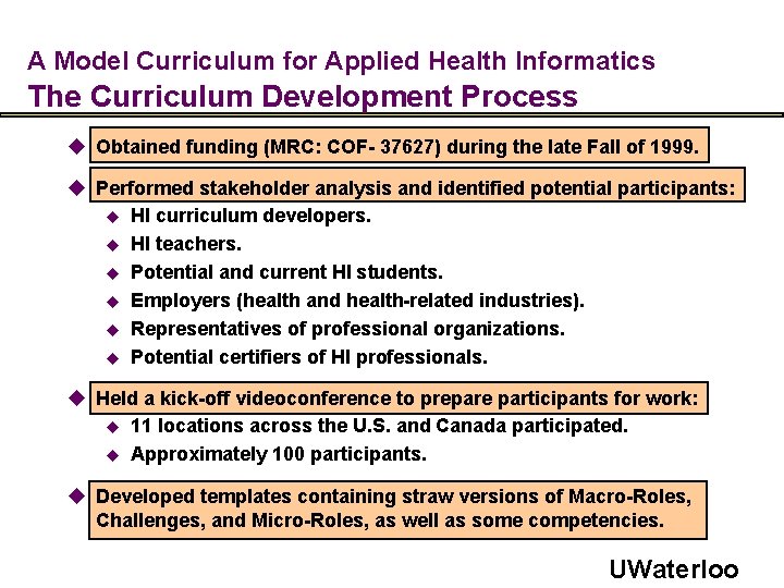 A Model Curriculum for Applied Health Informatics The Curriculum Development Process u Obtained funding