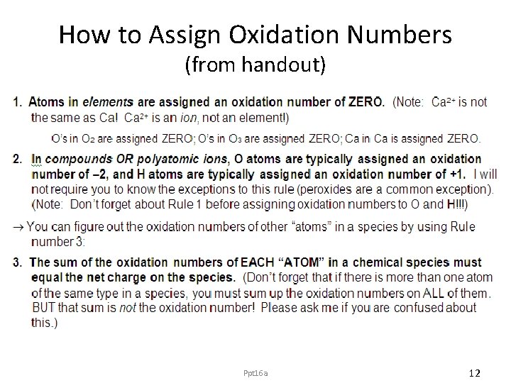 How to Assign Oxidation Numbers (from handout) Ppt 16 a 12 