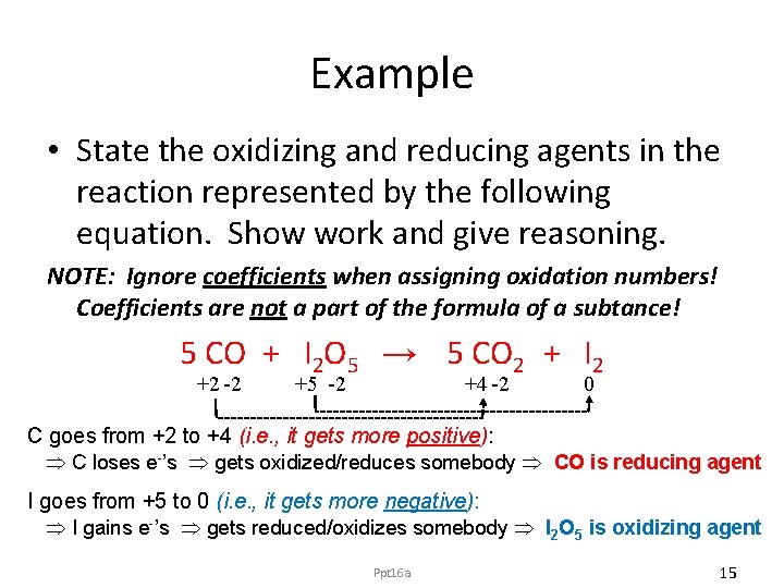 Example • State the oxidizing and reducing agents in the reaction represented by the
