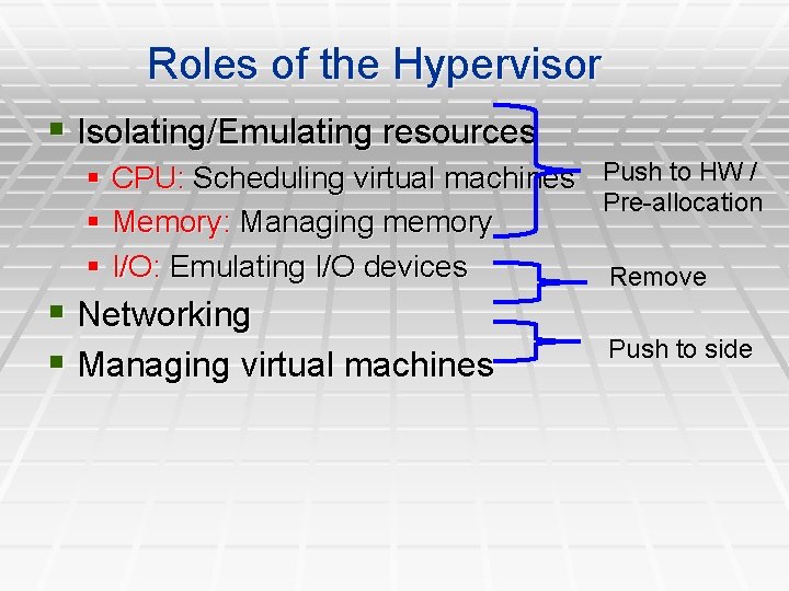 Roles of the Hypervisor § Isolating/Emulating resources § CPU: Scheduling virtual machines Push to Roles of the Hypervisor § Isolating/Emulating resources § CPU: Scheduling virtual machines Push to