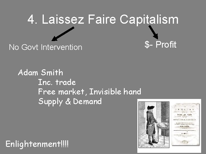 4. Laissez Faire Capitalism No Govt Intervention Adam Smith Inc. trade Free market, Invisible 4. Laissez Faire Capitalism No Govt Intervention Adam Smith Inc. trade Free market, Invisible