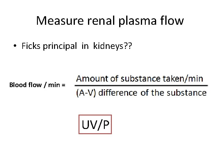 Measure renal plasma flow • Ficks principal in kidneys? ? Blood flow / min