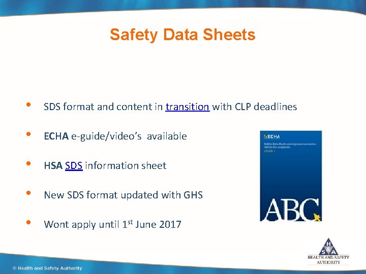 Safety Data Sheets • SDS format and content in transition with CLP deadlines •