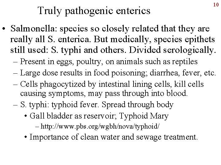 Truly pathogenic enterics 10 • Salmonella: species so closely related that they are really