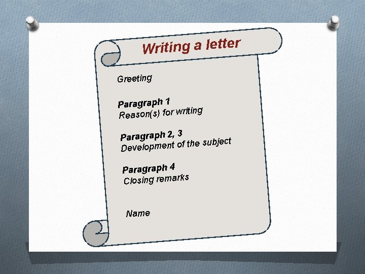 Writing a letter Greeting Paragraph 1 riting Reason(s) for w Paragraph 2, 3 ubject