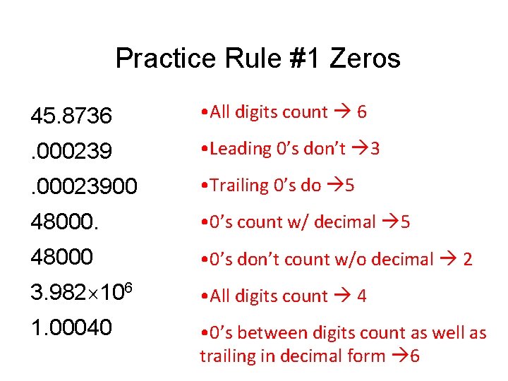 Practice Rule #1 Zeros 45. 8736 6 • All digits count 6 . 000239