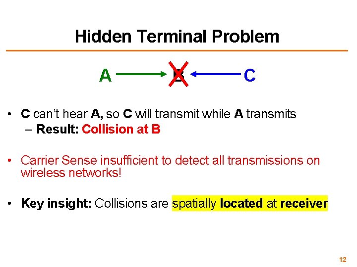 Hidden Terminal Problem A B C • C can’t hear A, so C will