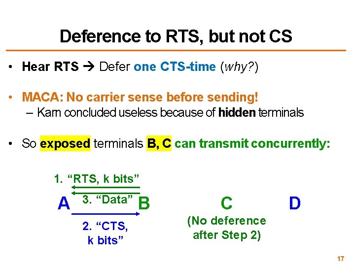 Deference to RTS, but not CS • Hear RTS Defer one CTS-time (why? )
