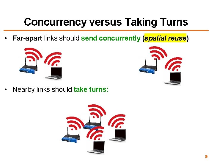 Concurrency versus Taking Turns • Far-apart links should send concurrently (spatial reuse) • Nearby