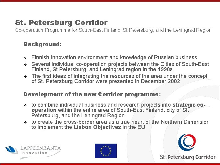 St. Petersburg Corridor Co-operation Programme for South-East Finland, St Petersburg, and the Leningrad Region