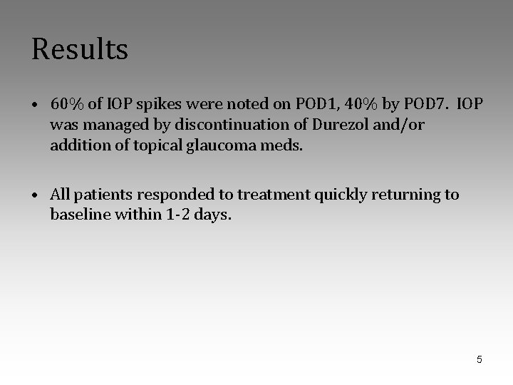 Results • 60% of IOP spikes were noted on POD 1, 40% by POD