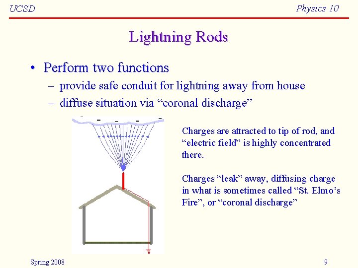 Physics 10 UCSD Lightning Rods • Perform two functions – provide safe conduit for