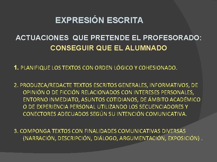 EXPRESIÓN ESCRITA ACTUACIONES QUE PRETENDE EL PROFESORADO: CONSEGUIR QUE EL ALUMNADO 1. PLANIFIQUE LOS