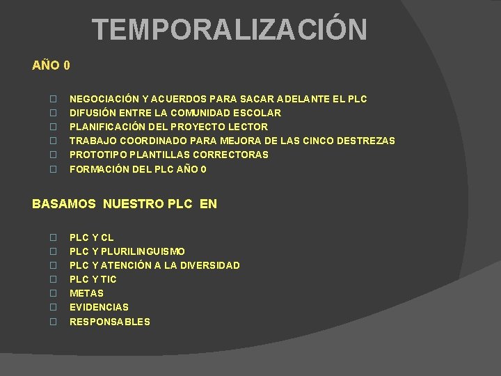 TEMPORALIZACIÓN AÑO 0 � � � NEGOCIACIÓN Y ACUERDOS PARA SACAR ADELANTE EL PLC