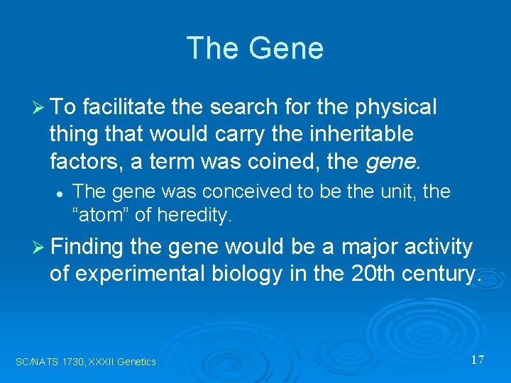 The Gene Ø To facilitate the search for the physical thing that would carry