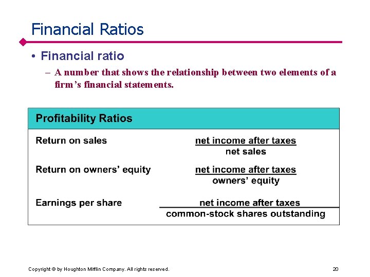 Financial Ratios • Financial ratio – A number that shows the relationship between two