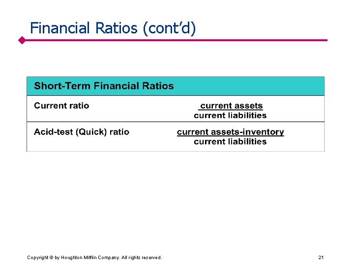 Financial Ratios (cont’d) Copyright © by Houghton Mifflin Company. All rights reserved. 21 