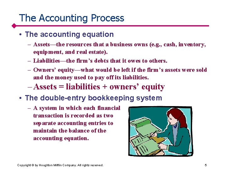 The Accounting Process • The accounting equation – Assets—the resources that a business owns