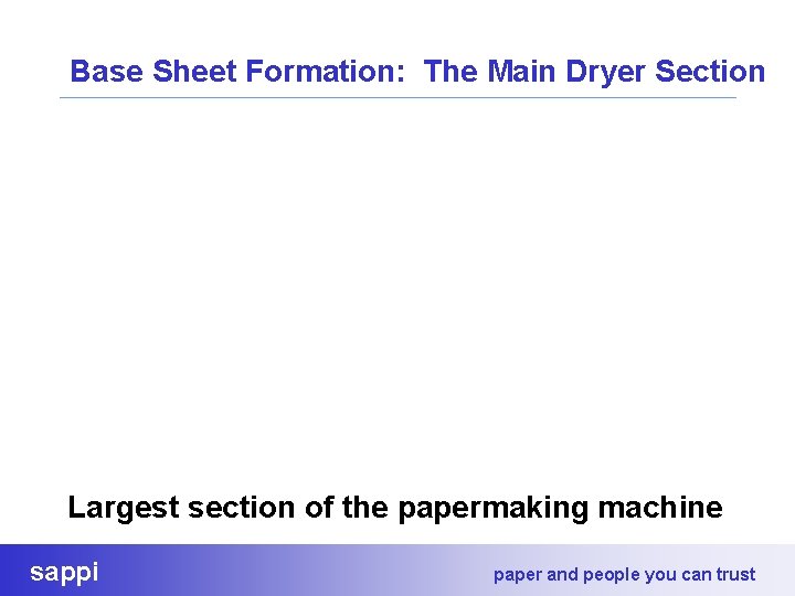 Base Sheet Formation: The Main Dryer Section Largest section of the papermaking machine sappi