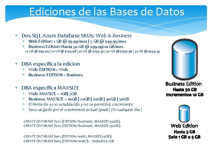 Ediciones de las Bases de Datos Dos SQL Azure Database SKUs: Web & Business