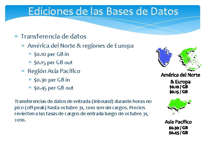 Ediciones de las Bases de Datos Transferencia de datos América del Norte & regiones