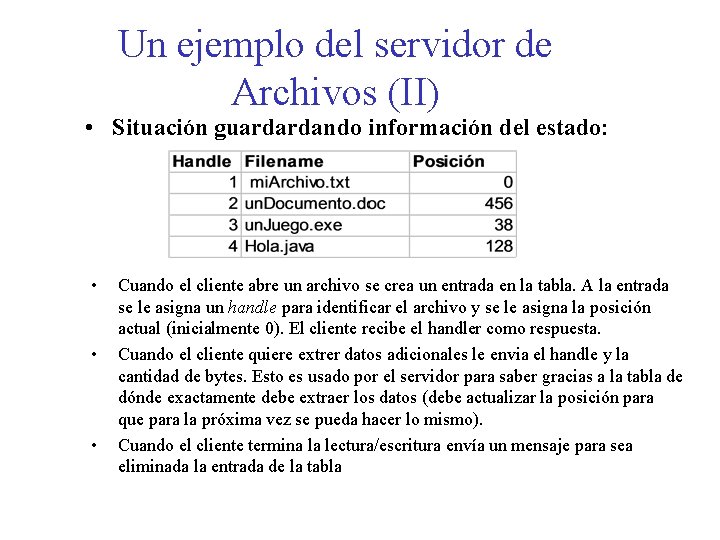 Un ejemplo del servidor de Archivos (II) • Situación guardardando información del estado: • Un ejemplo del servidor de Archivos (II) • Situación guardardando información del estado: •