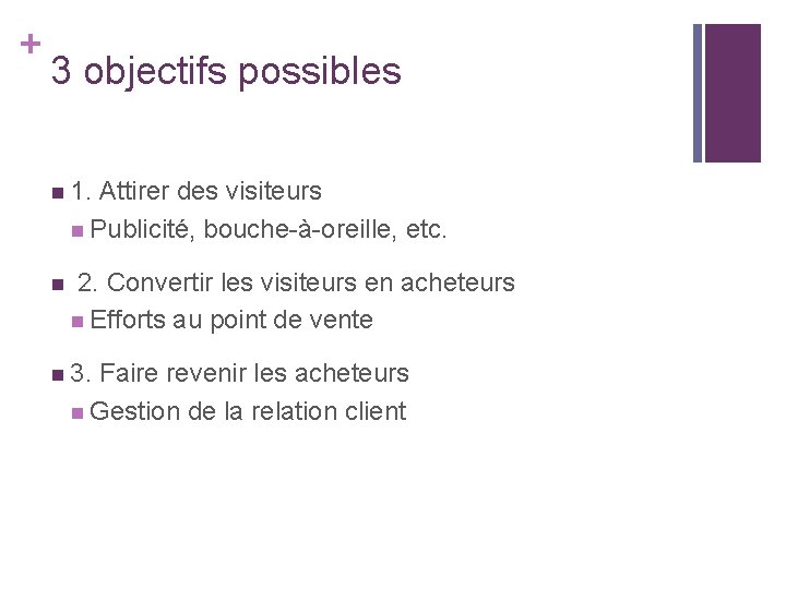 + 3 objectifs possibles n 1. Attirer des visiteurs n Publicité, bouche-à-oreille, etc. n + 3 objectifs possibles n 1. Attirer des visiteurs n Publicité, bouche-à-oreille, etc. n