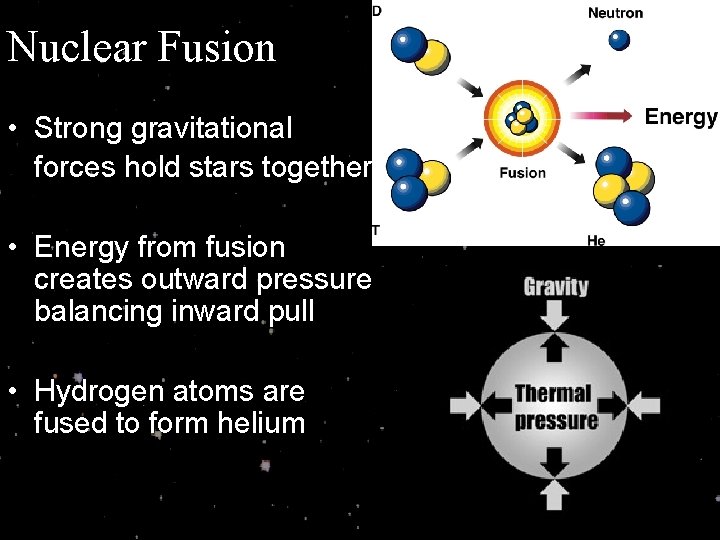 Nuclear Fusion • Strong gravitational forces hold stars together • Energy from fusion creates