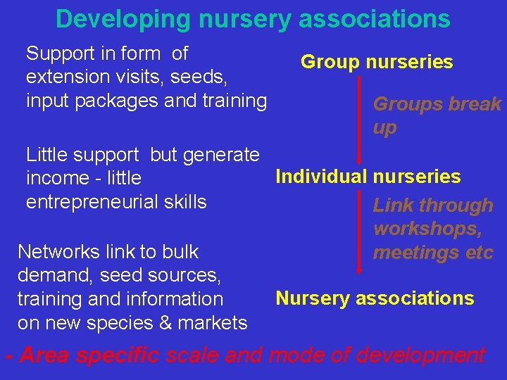 Developing nursery associations Support in form of extension visits, seeds, input packages and training