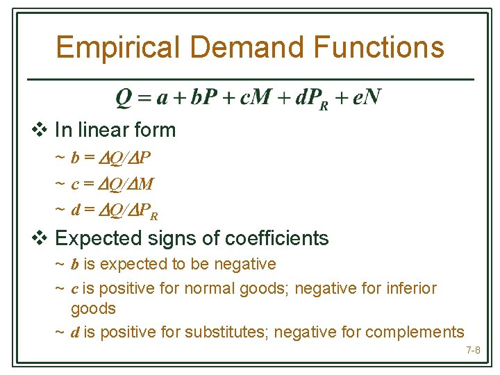 Empirical Demand Functions v In linear form ~ b = Q/ P ~ c